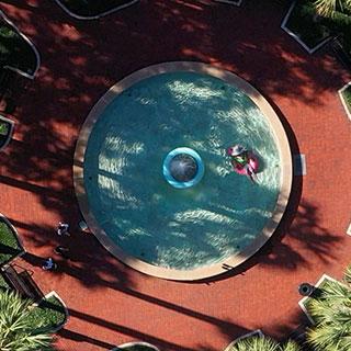 An arial view of the Holler Fountain in the Palm Court